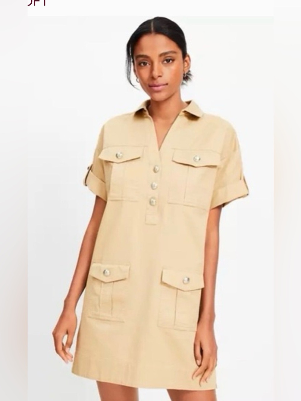 LOFT Beige Utility Shirt Dress with Short Sleeves - Picture 2 of 8